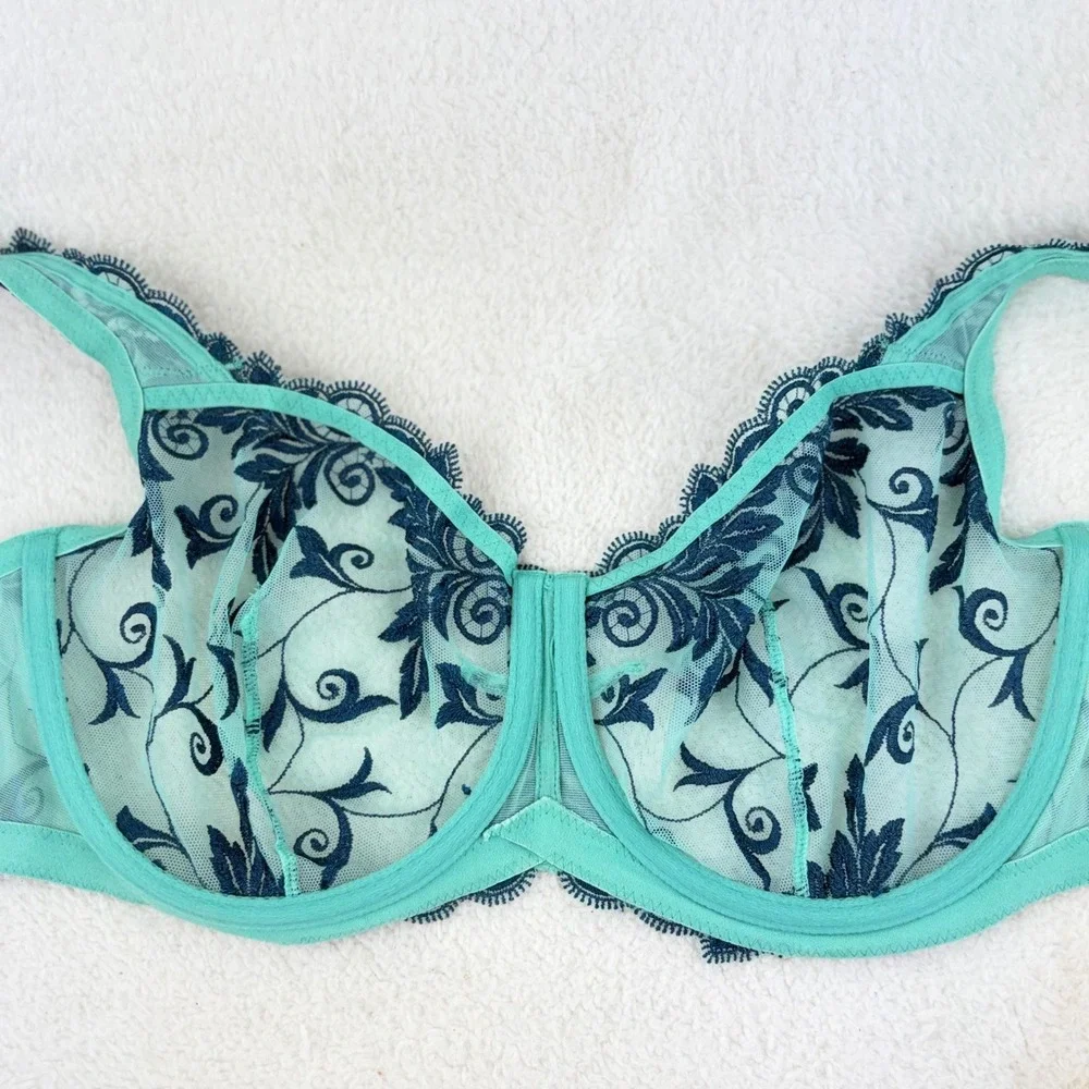 Soma Sensuous Lace Unlined Bra 38D Teal Green Navy‎ Blue Floral Embroidered Mesh